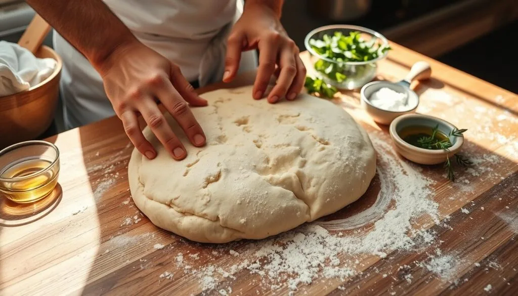 Shaping focaccia dough